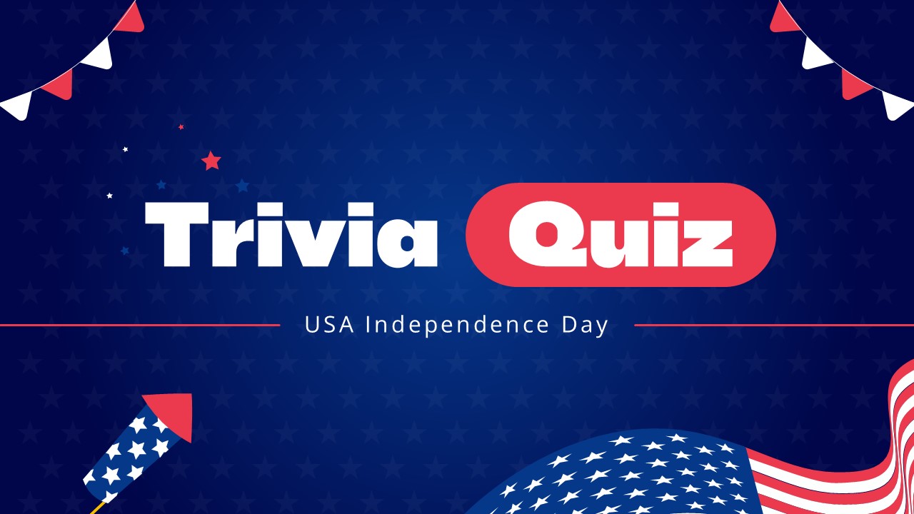 Independence Day Quiz Title Slide - Clean minimalist layout with patriotic rocket graphic and festive bunting decoration