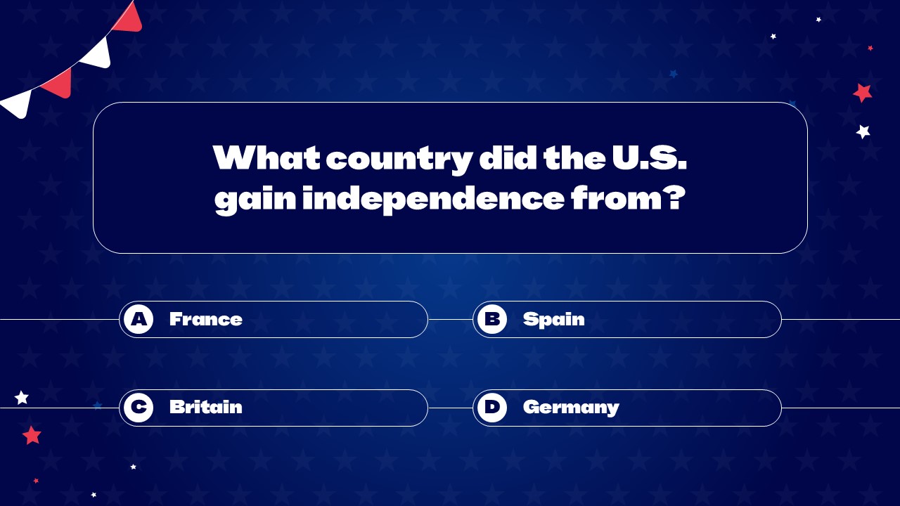 Independence Country Quiz Question - International options presented in structured multiple choice button layout