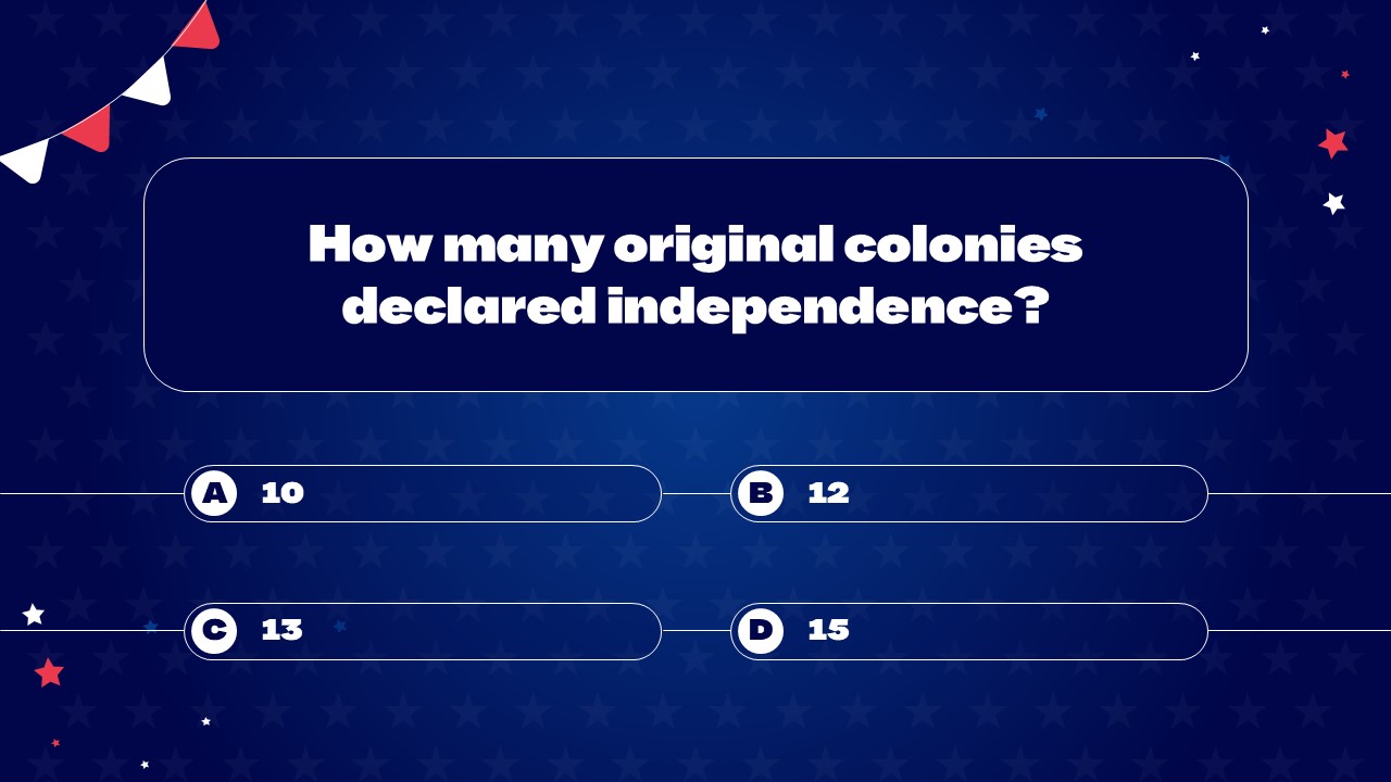Original Colonies Quiz Question - Numerical multiple choice options arranged in clean 2x2 button layout design