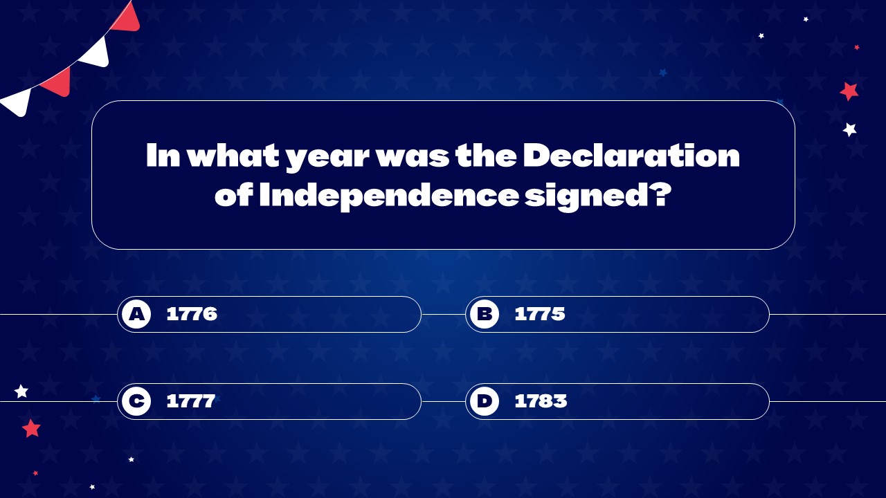 Independence Year Quiz Question - Multiple choice layout presenting chronological date options in organized button grid