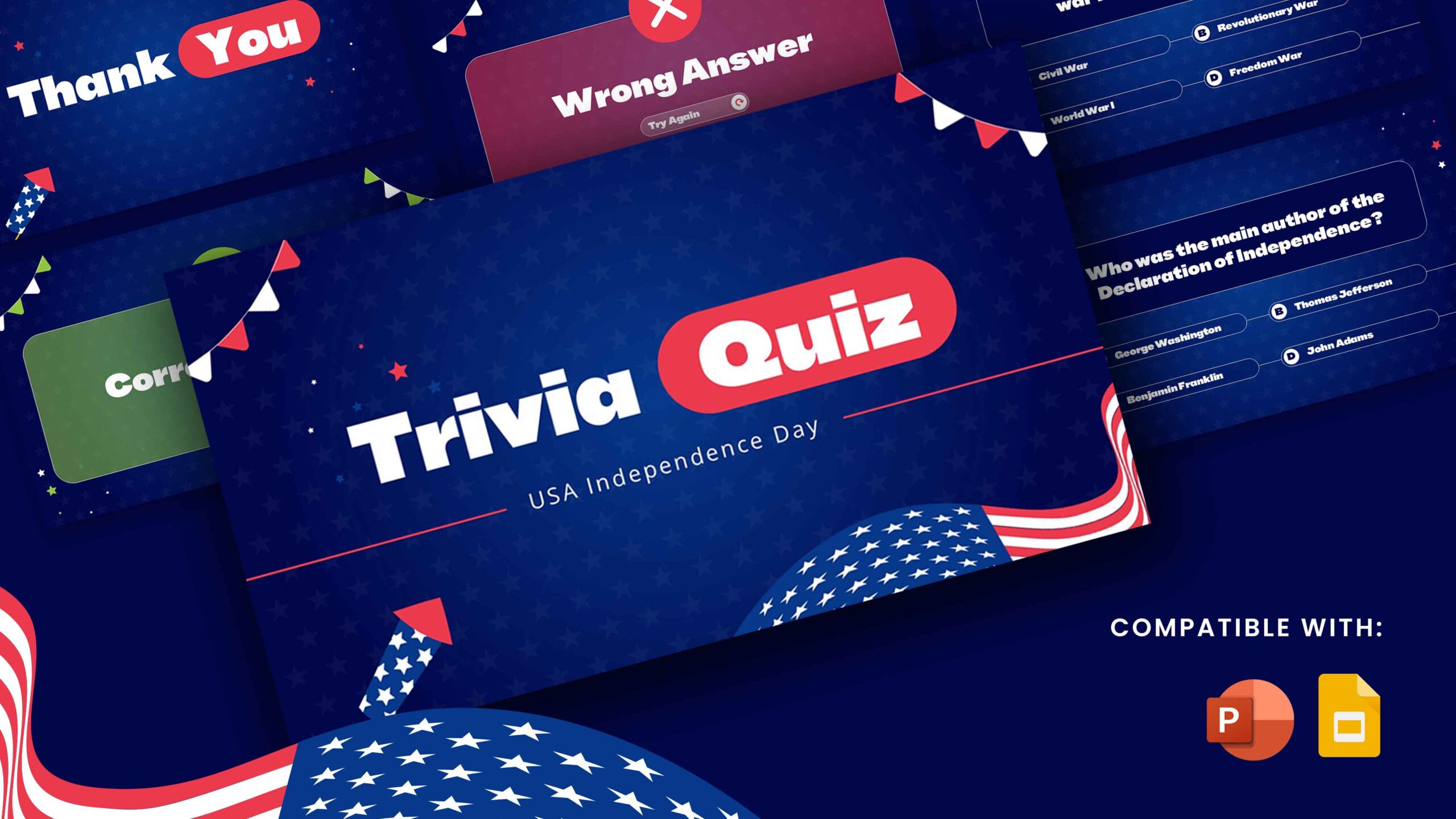 USA Independence Day Trivia Quiz Template - Dynamic cover showcasing interactive quiz elements with patriotic bunting design