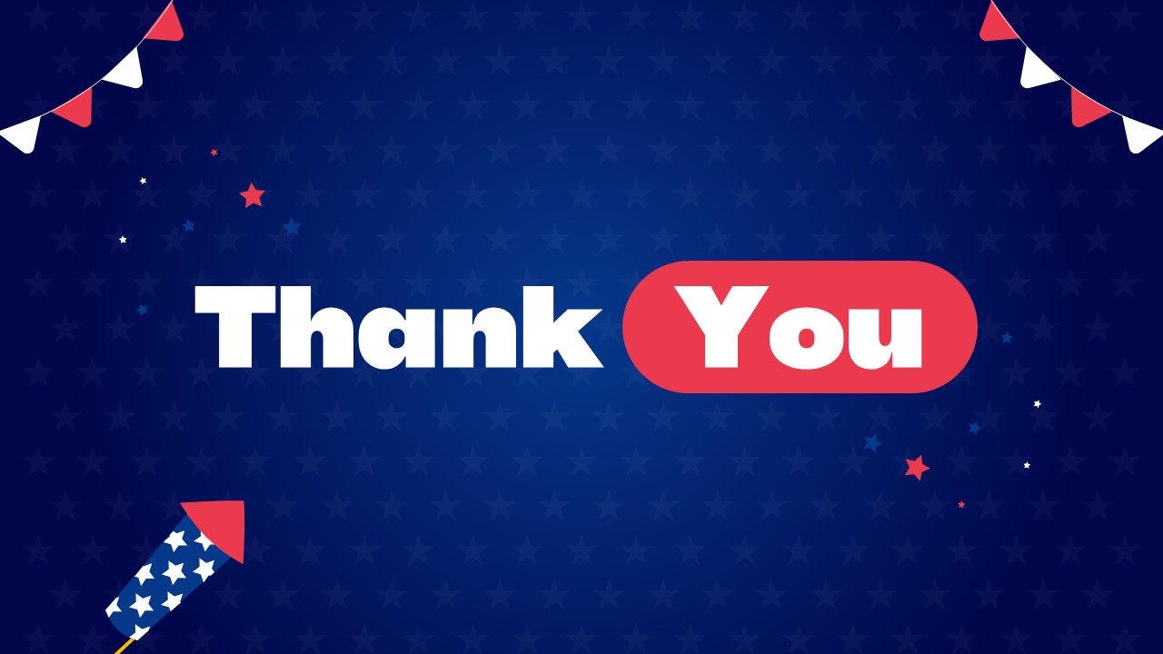 Quiz Thank You Conclusion - Patriotic closing slide with flag rocket graphic and festive star decorations
