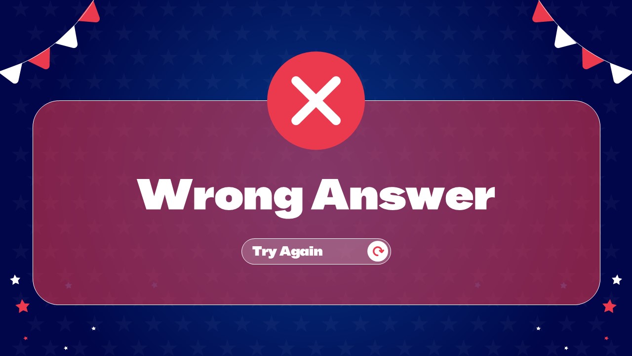 Wrong Answer Feedback Slide - Red warning message with retry button encouraging continued quiz participation