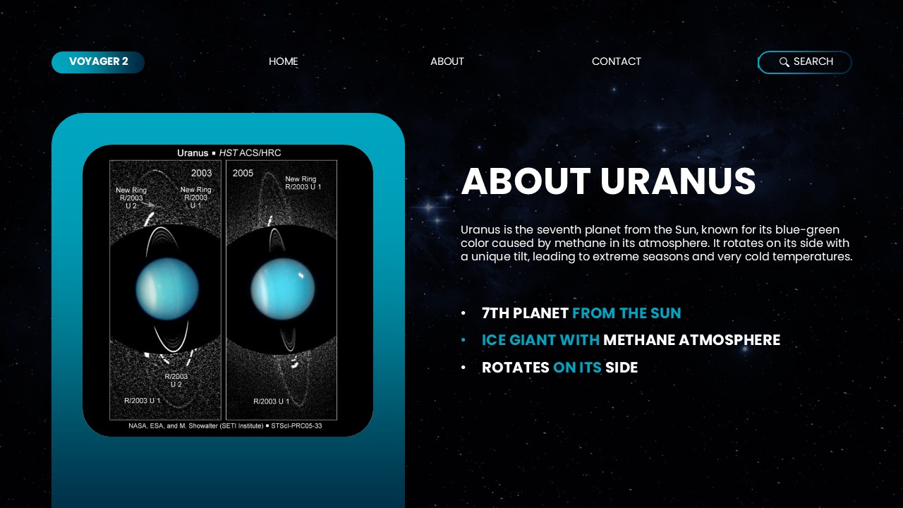 About Uranus Template Slide - Scientific imagery and key planet facts in professional layout