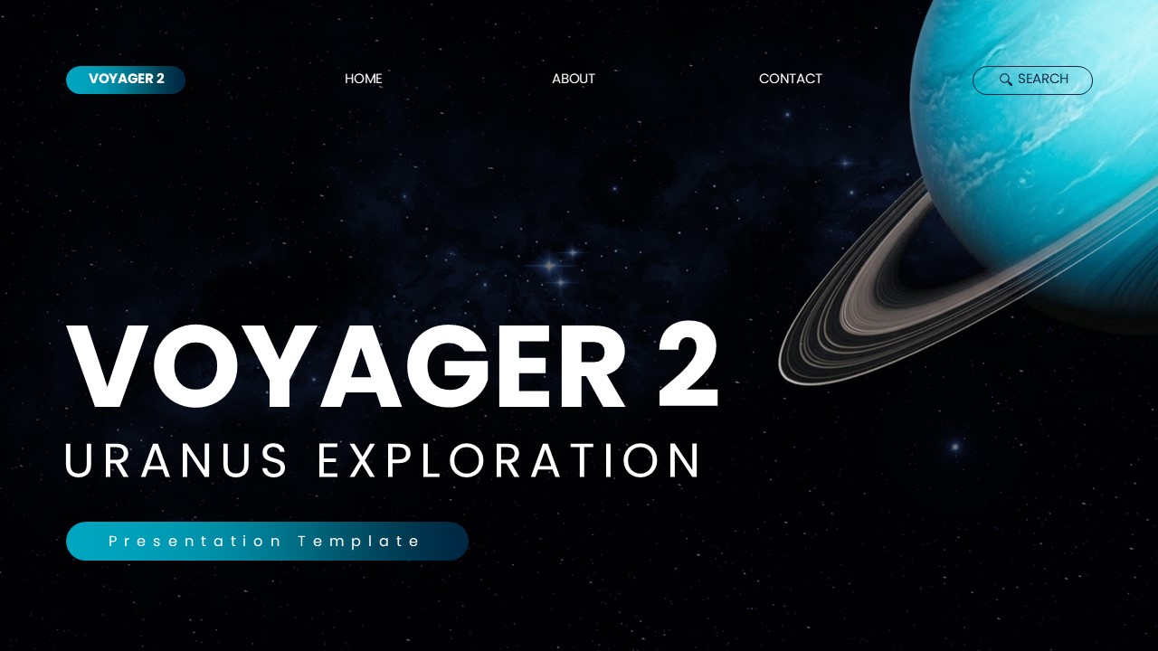 Voyager 2 Uranus Exploration PowerPoint Template - Title slide with dark space background and Uranus planet