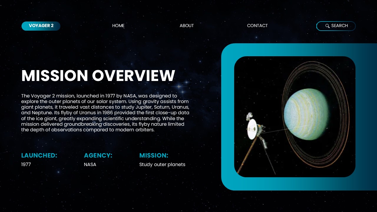 Voyager 2 Mission Overview Template - Two-column layout with NASA spacecraft details and mission facts