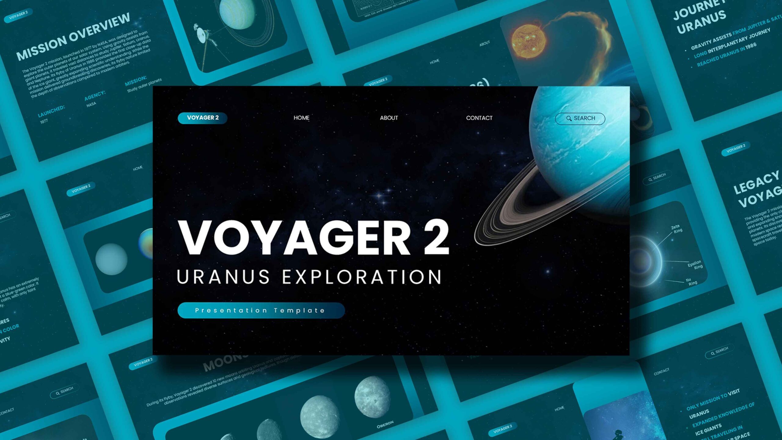 Voyager 2 Uranus Exploration Template - Cover slide with space theme and planet Uranus with rings
