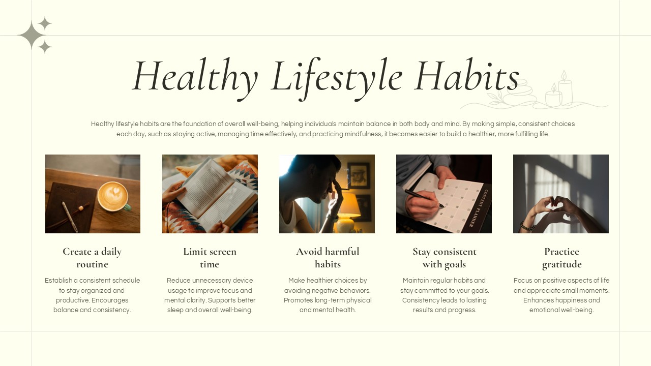 Healthy Habits - Five lifestyle practices shown through coffee art, reading, and mindful daily routines