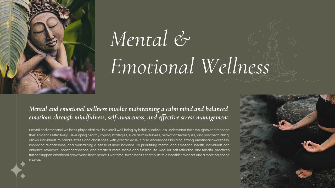 Mental Wellness - Buddha statue with tropical plants and meditation hands showcasing mindful practices