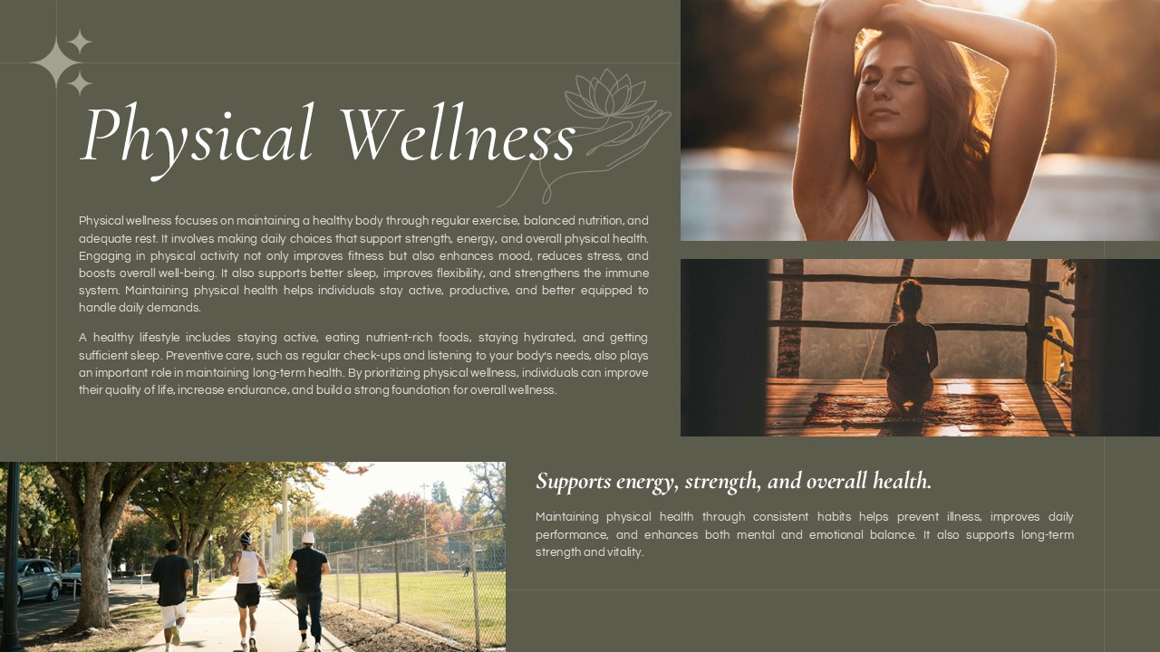 Physical Wellness - Active lifestyle montage with stretching and jogging scenes emphasizing health benefits