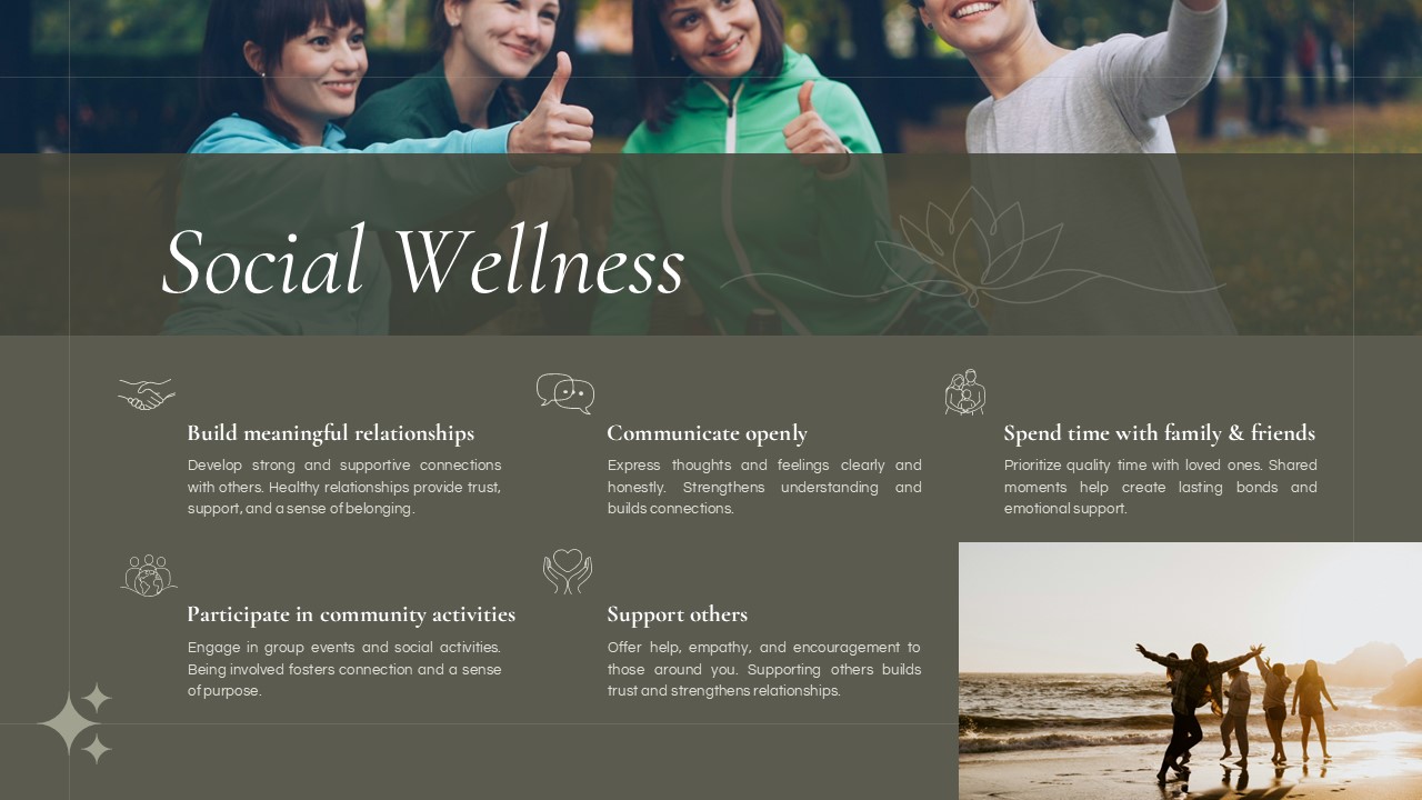 Social Wellness - Happy friends giving thumbs up with beach sunset scene and five connection strategies