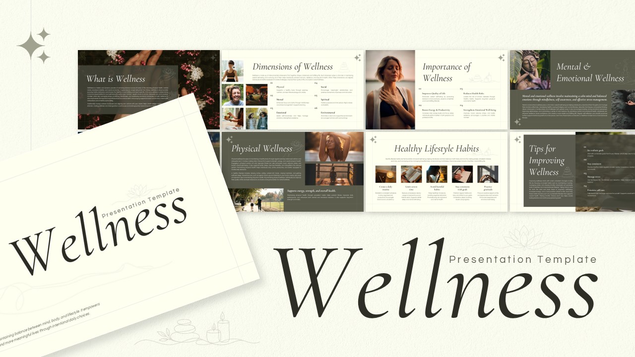 Wellness Template - Elegant cover showcasing overlapping preview slides with earth tones and sparkle accents