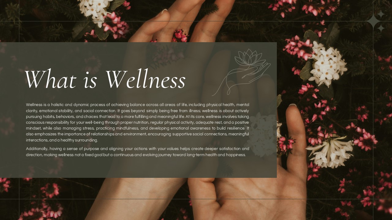 Wellness Definition - Hands holding white flowers against dark florals with transparent text overlay