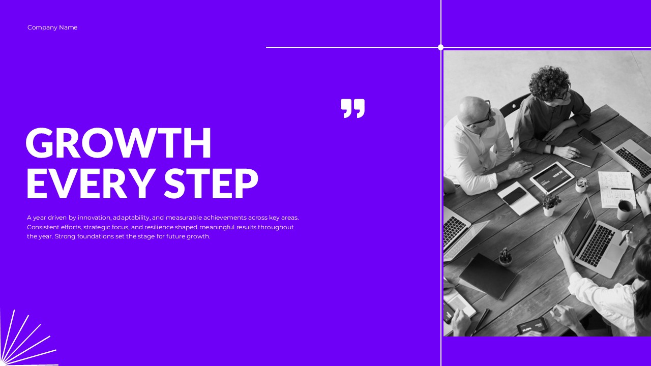 Year In Review Google Slides Template - Growth message flows from inspiring text to collaborative team photography