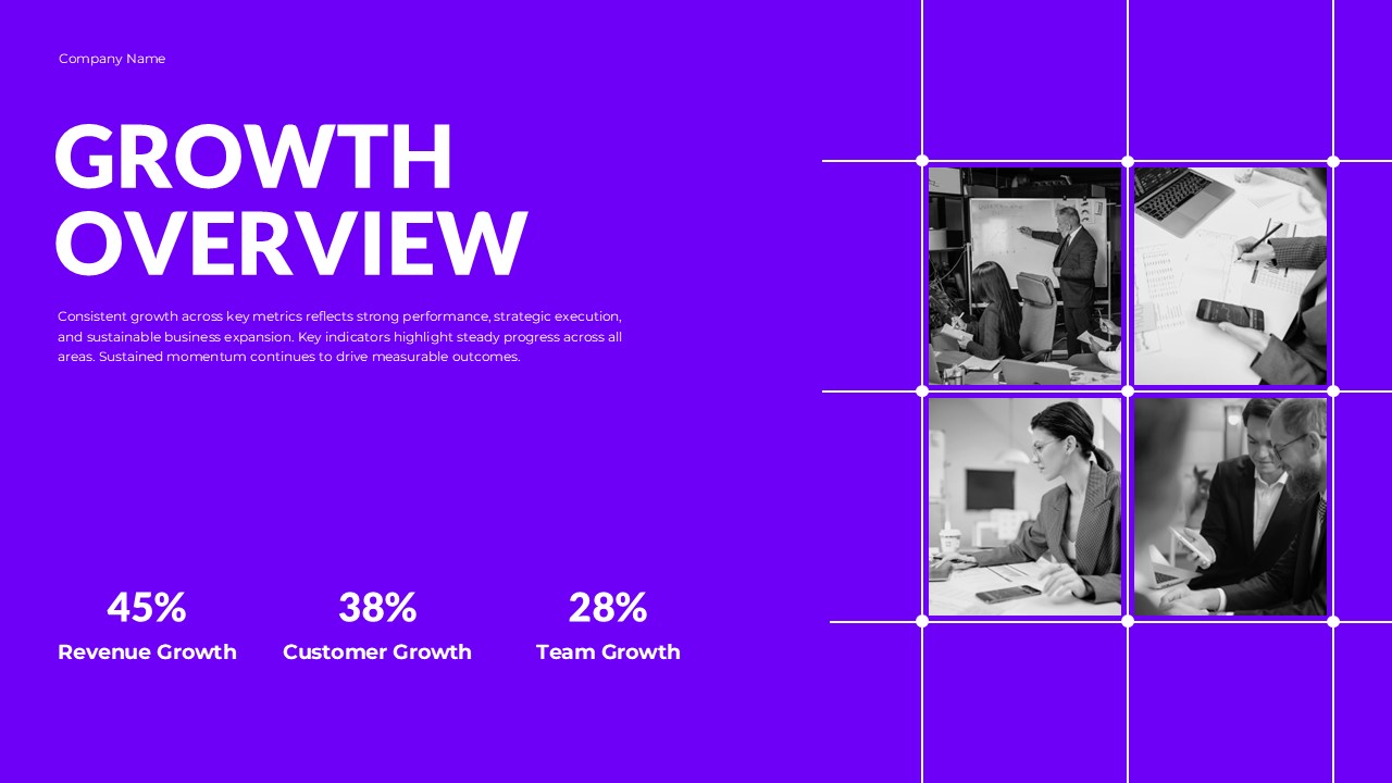 Year In Review Growth Template - Revenue, customer, and team growth percentages paired with business success imagery