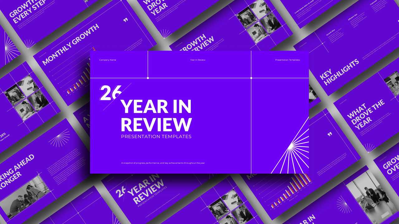 Year In Review Overview Template - Isometric display showcasing complete slide deck with charts, content, and cohesive design