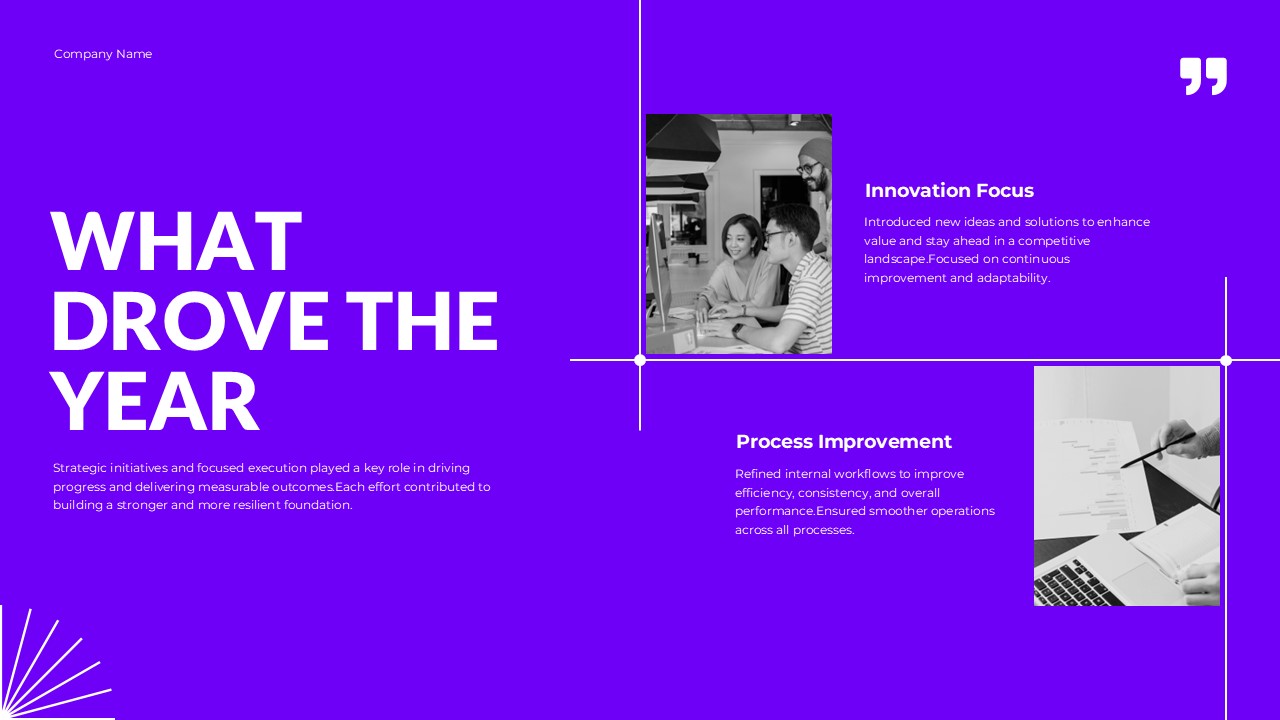 Year In Review Strategy Template - Innovation focus and process improvement drivers supported by collaborative imagery