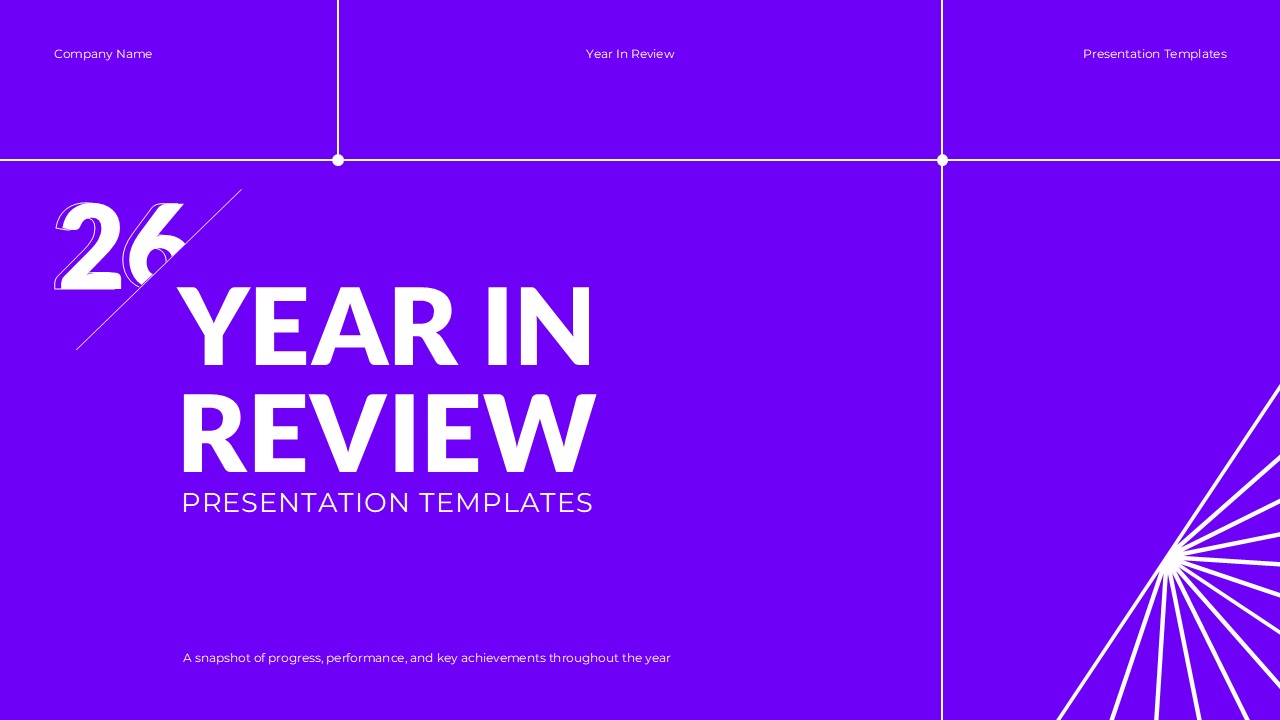 Year In Review Template - Bold purple gradient cover with radiating lines leading to prominent 26 year review title