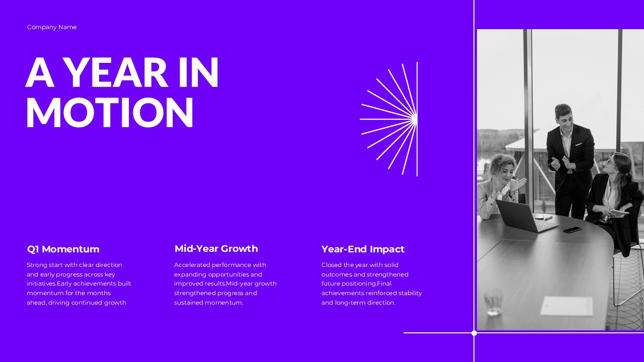 Year In Review Timeline Template - Journey through Q1 momentum, mid-year growth, and year-end impact milestones