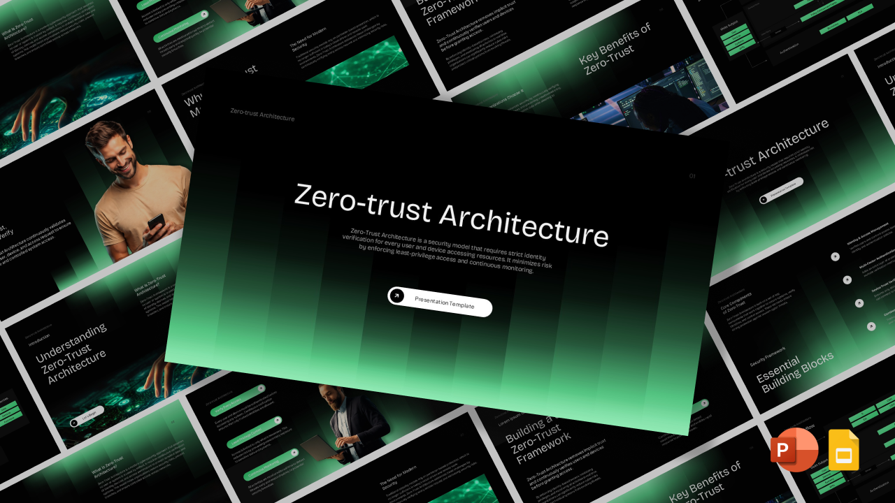 Zero Trust Architecture template - complete presentation overview showing all 11 slides for cybersecurity topics