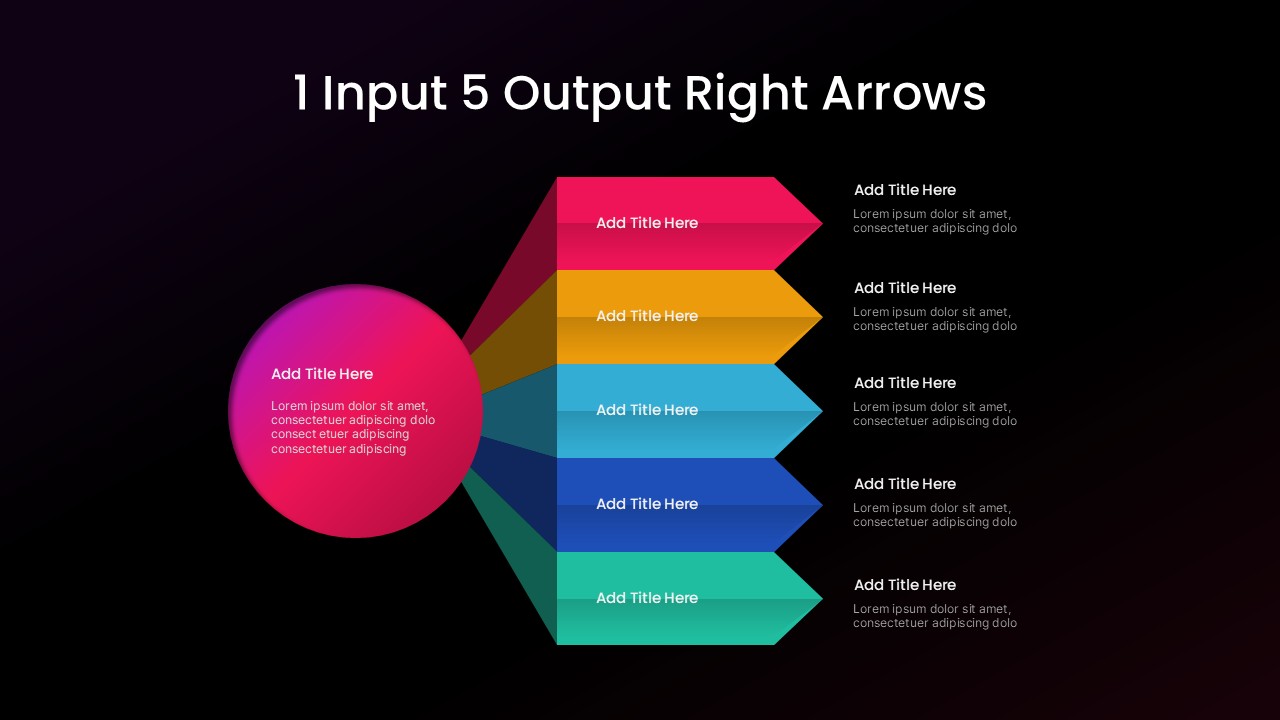 1 Input 5 Output Right Arrows Template - Process flow diagram with central circle and five colored arrows on dark background