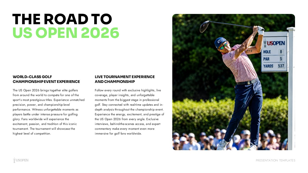 US Open Golf Template - Tournament journey split layout