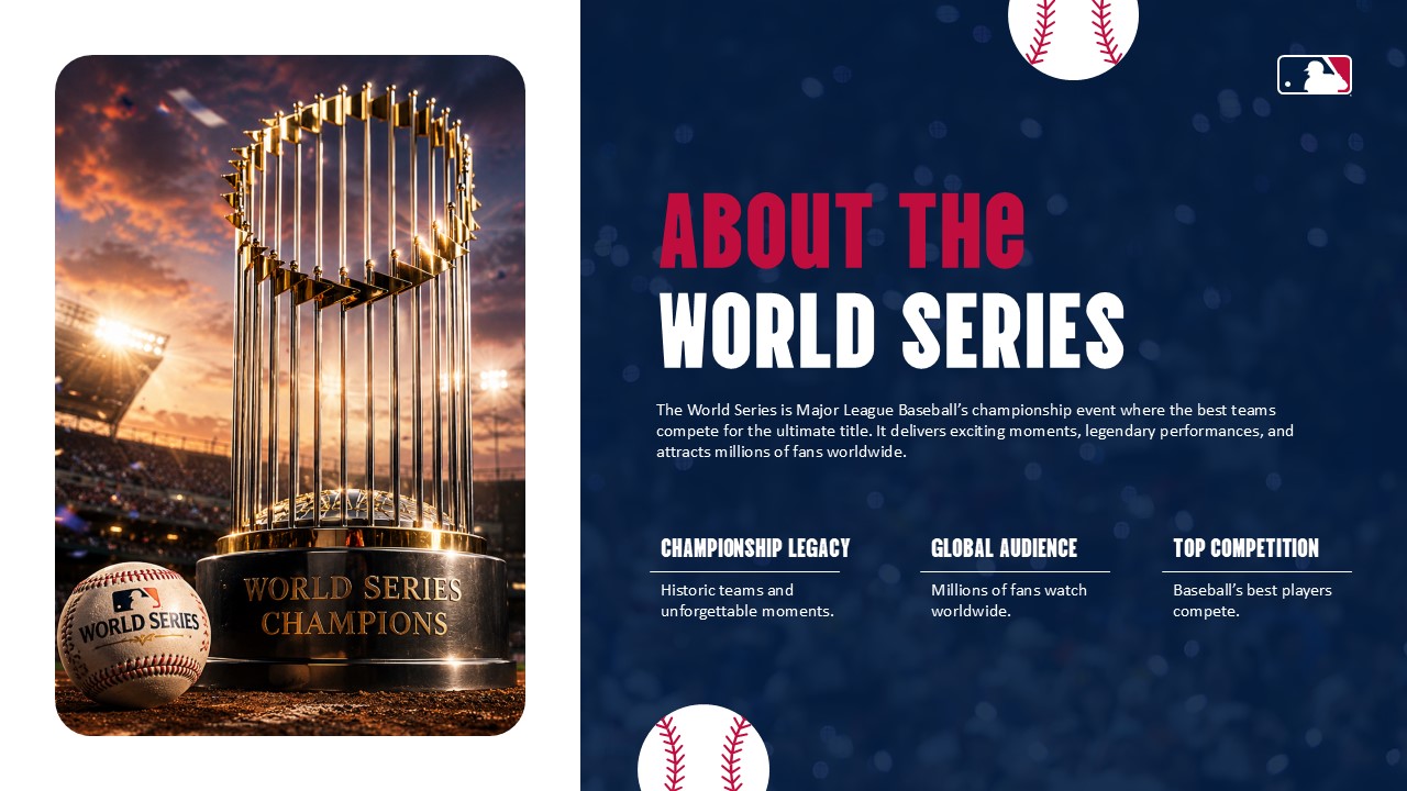 2026 World Series About Template - Golden championship trophy paired with legacy, audience, and competition highlights