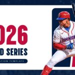2026 World Series Presentation Template - Bold championship title with Dominican Republic player mid-swing action shot