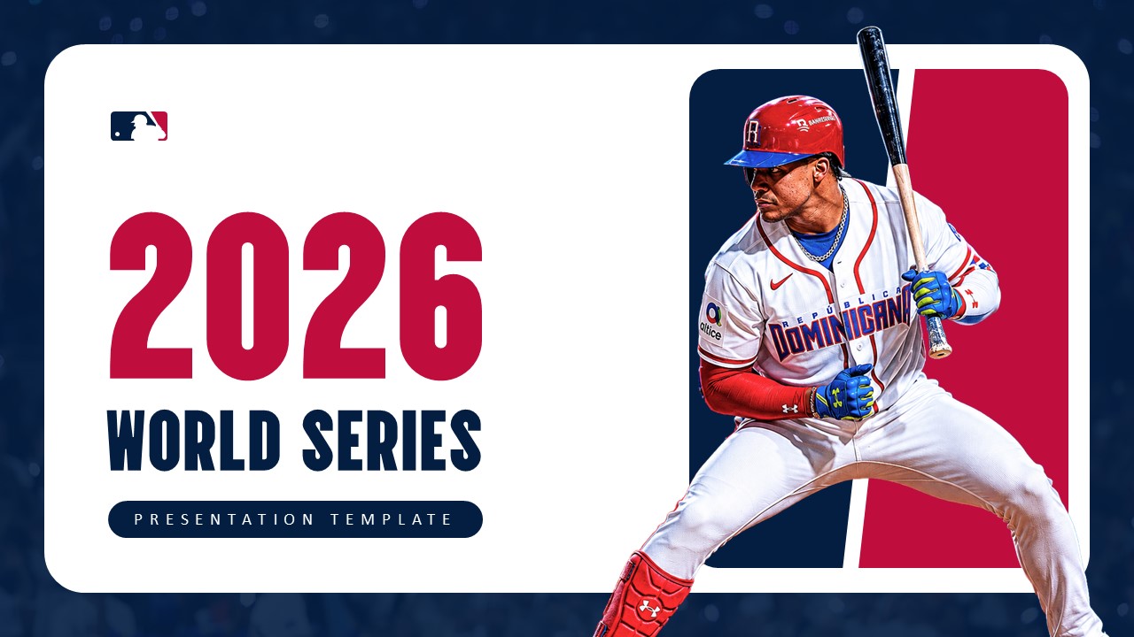 2026 World Series Presentation Template - Bold championship title with Dominican Republic player mid-swing action shot