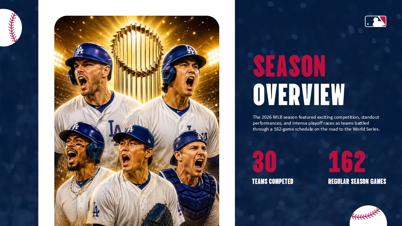 2026 World Series Season Overview - Celebrating Dodgers team with trophy alongside season statistics and key numbers