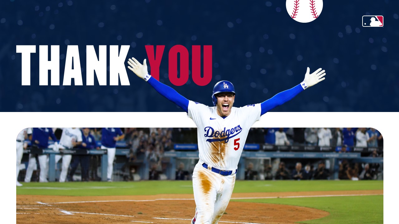 2026 World Series Thank You - Celebrating Dodgers player victory moment with arms raised in championship triumph