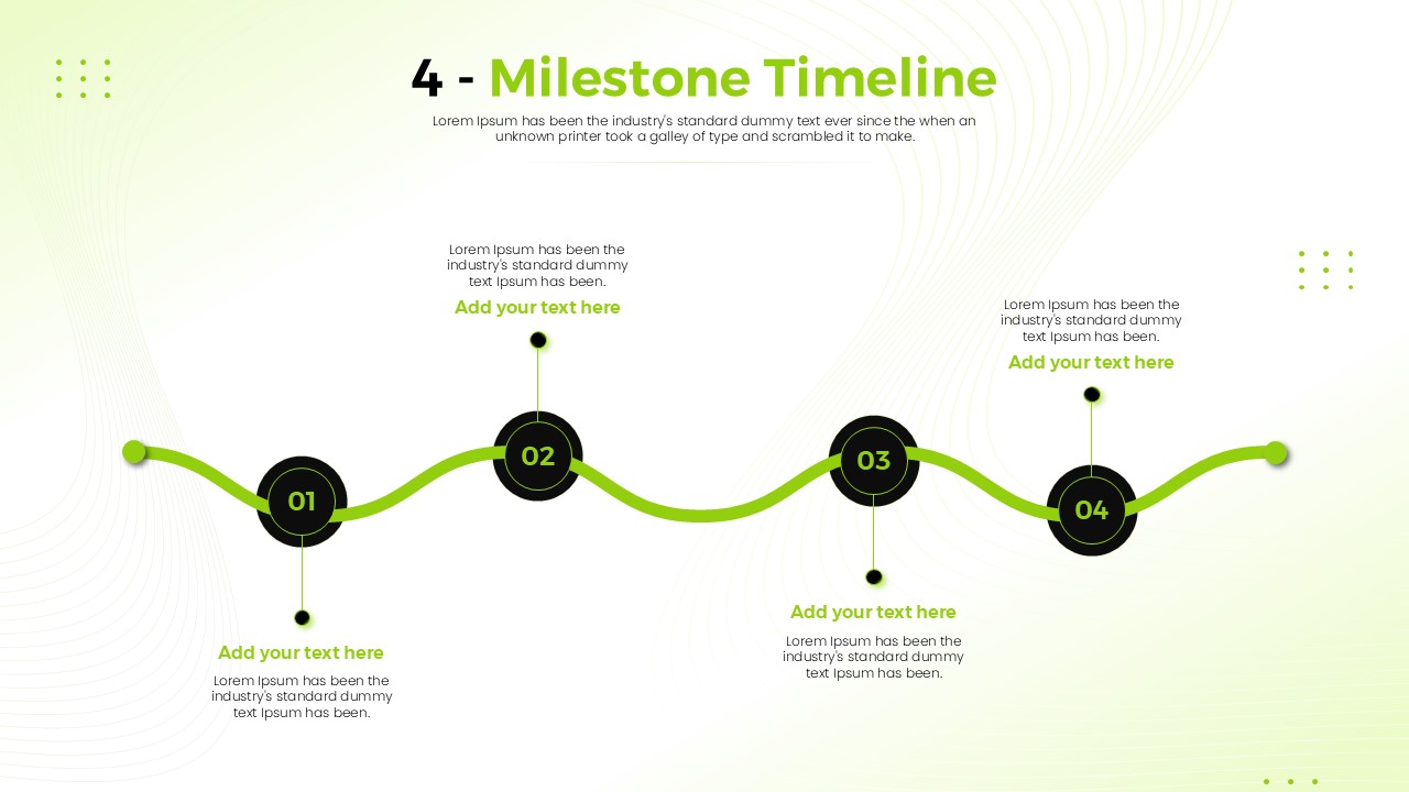 4 Milestone Timeline Template - Light theme with green wavy connector line