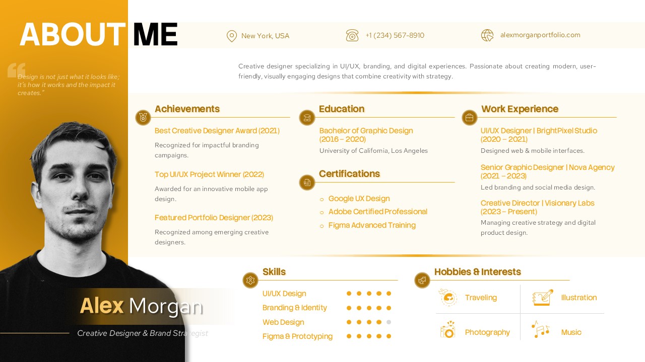 About Myself Google Slides PowerPoint Template - Dynamic split design tells creative professional's story through gold accents