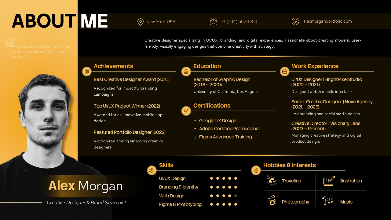 About Myself Template - Striking orange gradient flows into sleek professional portfolio showcasing designer's complete story