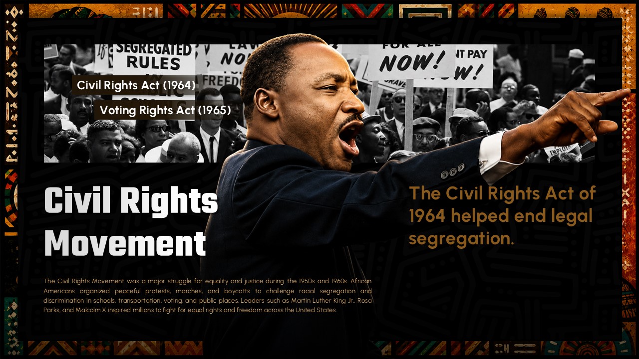 African American Civil Rights Template - MLK speaking image with legislation highlights and movement achievements