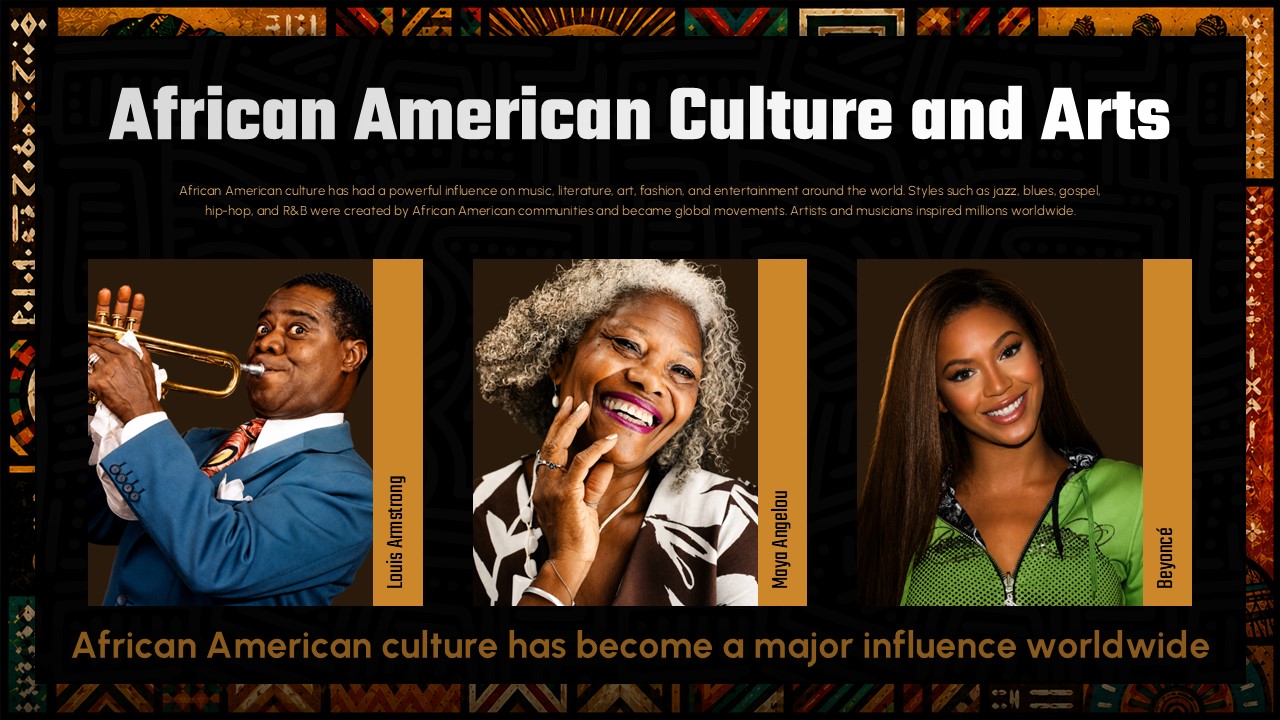 African American Culture Template - Trio of cultural icons Louis Armstrong, Maya Angelou, Beyoncé in vibrant frames