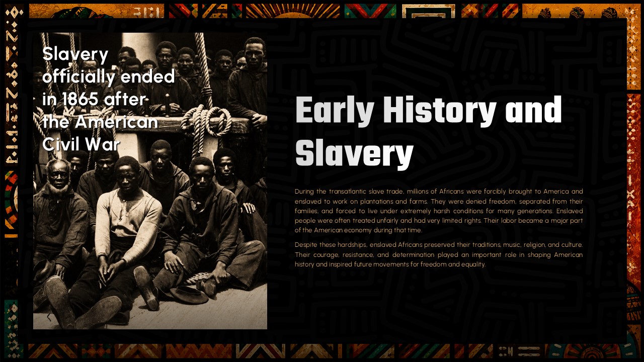 African American History Template - Historical slavery photograph with timeline text marking Civil War's 1865 ending