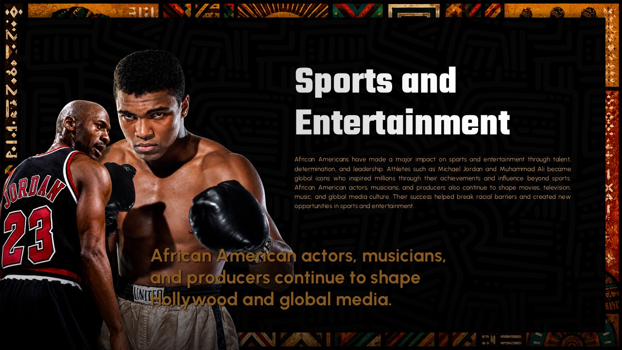 African American Sports Template - Michael Jordan and Muhammad Ali highlighting athletic excellence and entertainment impact