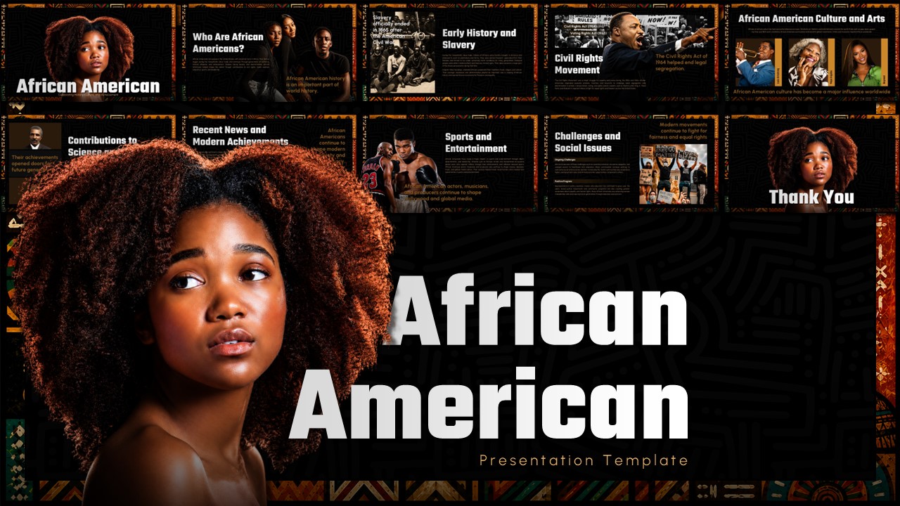 African American Template - Portrait of woman with natural hair framed by golden geometric borders and slide previews