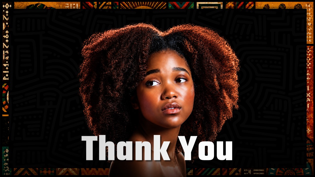 African American Thank You Template - Elegant closing slide with portrait and golden borders completing presentation journey