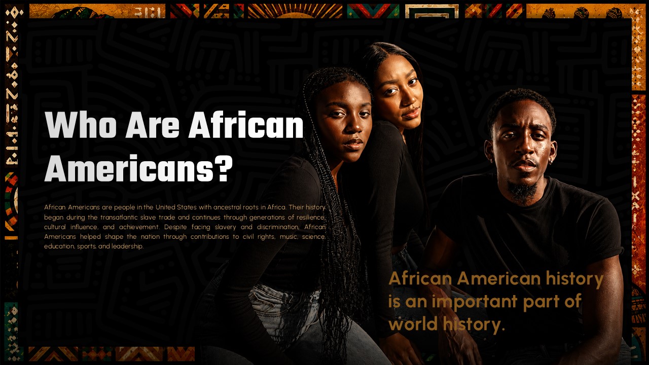 African American Overview Template - Group photo alongside heritage definition text with highlighted cultural quote