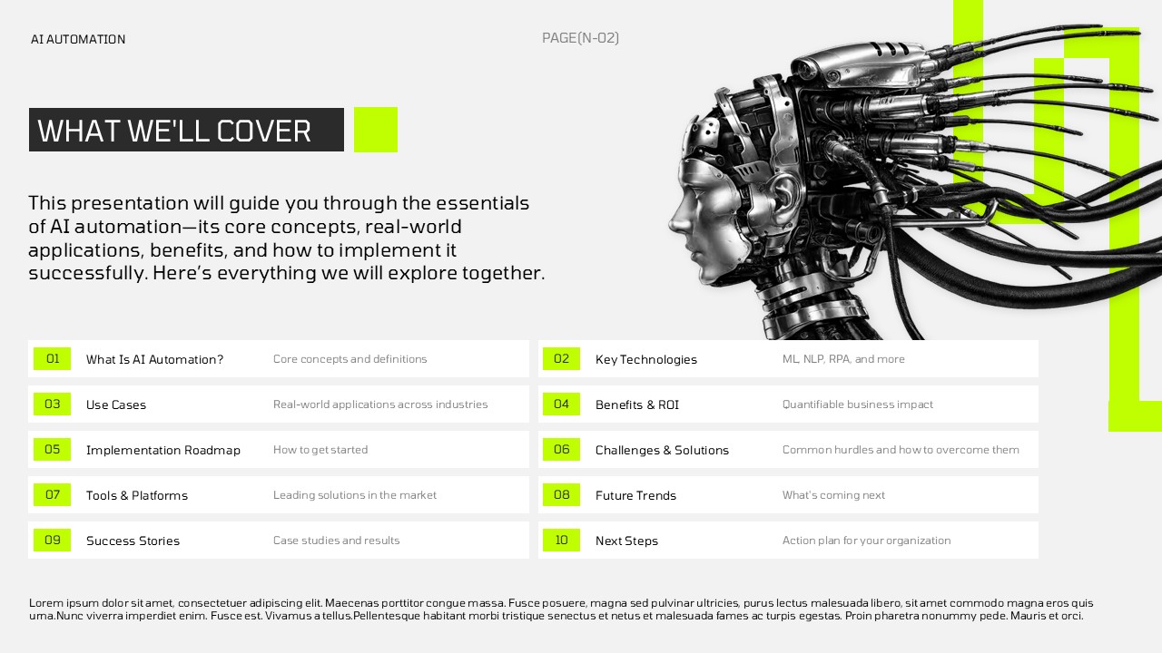 AI Automation Template - Agenda slide outlining 10-point presentation structure and topics covered