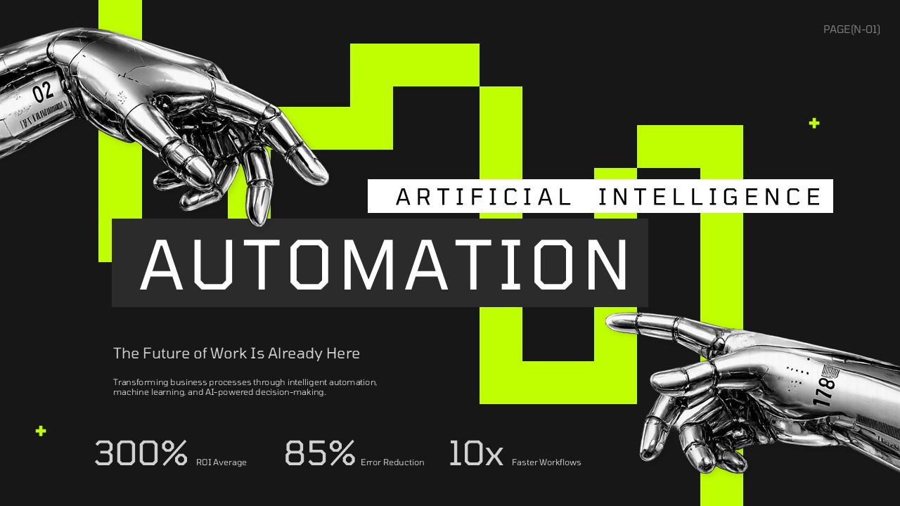 AI Automation Template - Title slide showcasing ROI statistics and business transformation benefits