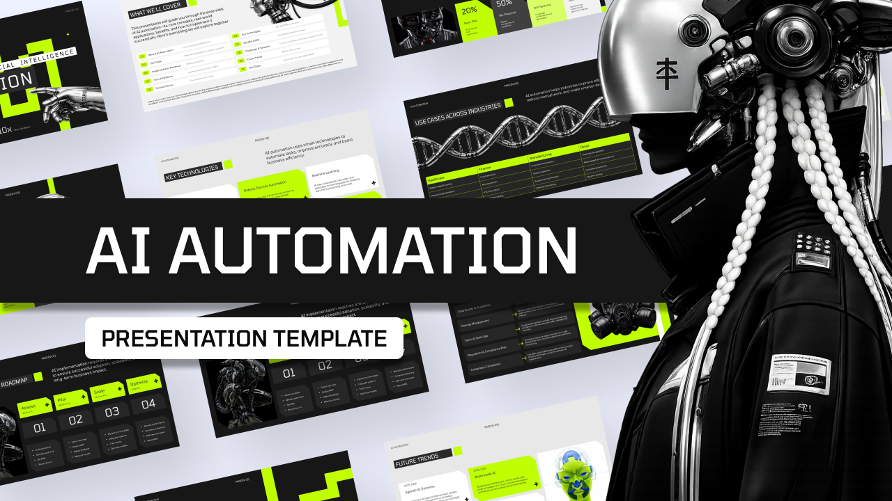 AI Automation Template - Professional presentation cover with futuristic robot design for technology presentations