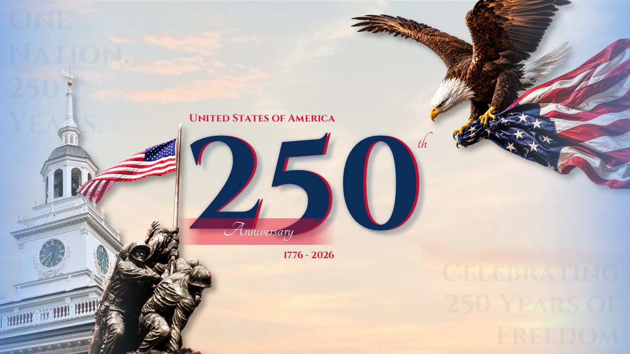 America 250 Anniversary Template - Soaring eagle and Independence Hall frame central anniversary numeral in patriotic clouds