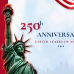America 250 PowerPoint Template - Bold red and white design featuring Statue of Liberty with striking anniversary typography