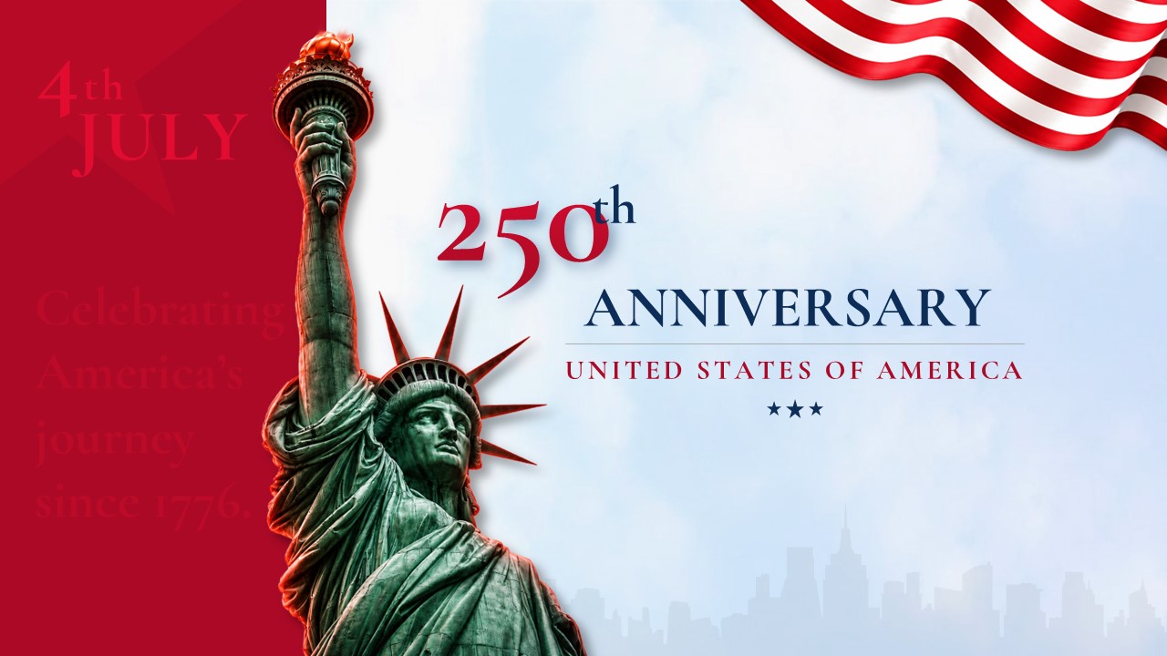 America 250 PowerPoint Template - Bold red and white design featuring Statue of Liberty with striking anniversary typography