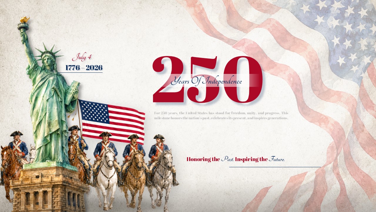America 250 Poster Template - Statue of Liberty stands proudly beside bold anniversary text with Revolutionary War imagery