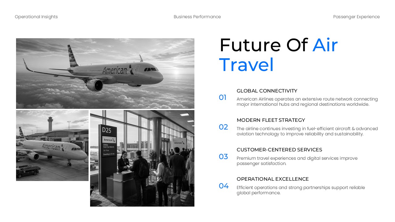 American Airlines Template - travel slide with aircraft flight image, gate area, and strategic points