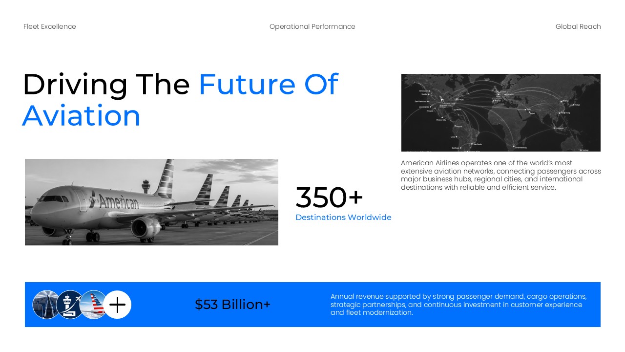 American Airlines Template - future slide with aircraft tarmac image, statistics, and global route map